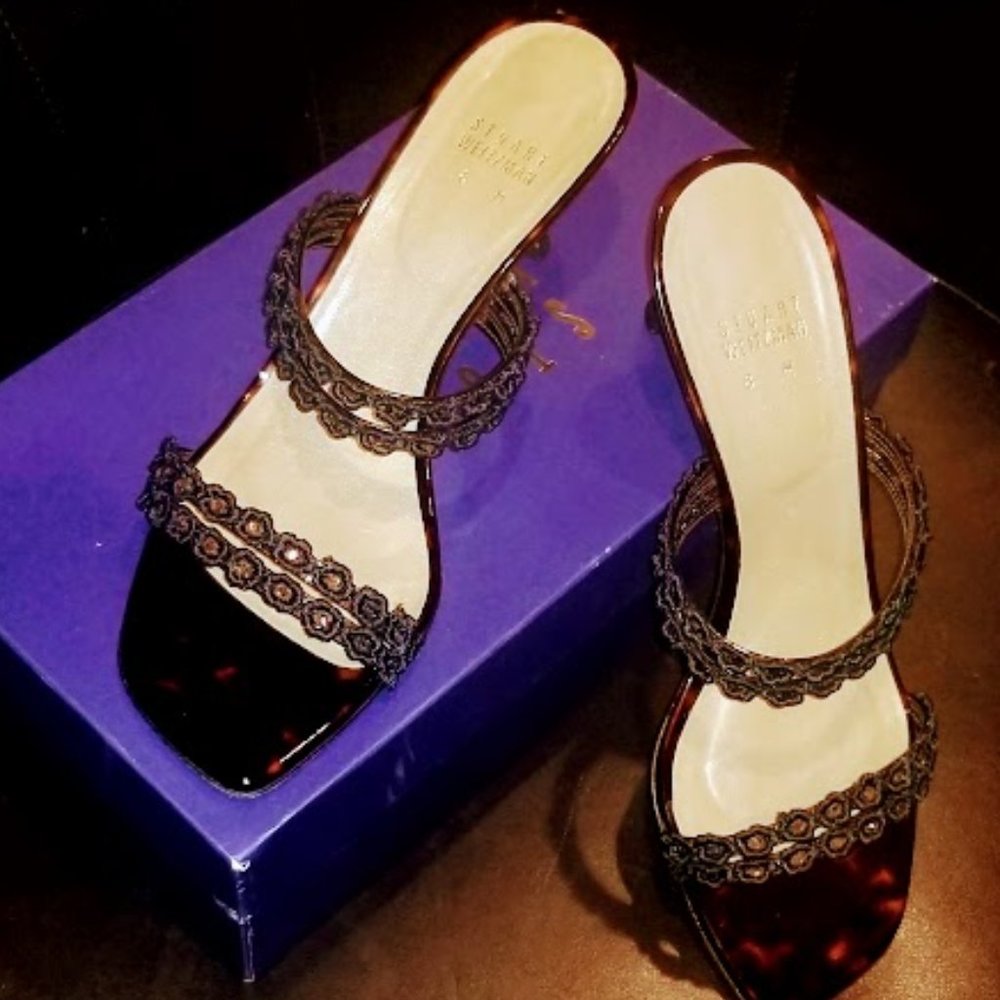 STUART WEITZMAN | Sandal | “Forgetmeknot” | Cognac tartar | Kitten Heel | Size 8